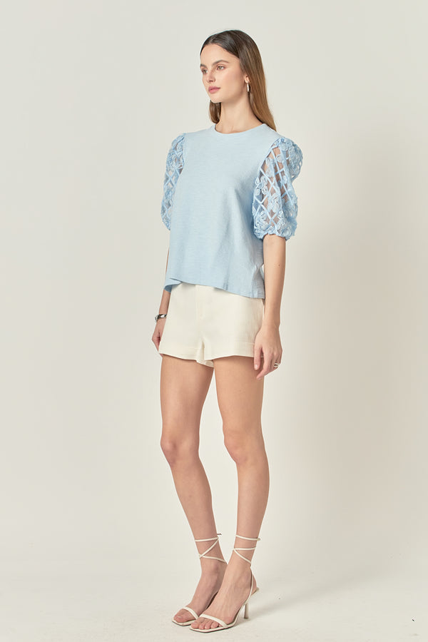 English Factory Floral Texture Sleeve Top POWDER BLUE