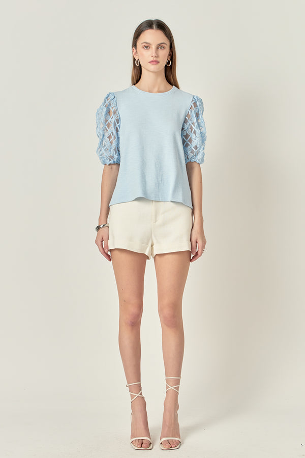 english factory Floral Texture Sleeve Top POWDER BLUE
