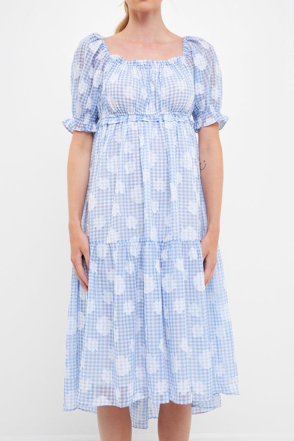 English Factory Floral Texture With Gingham Printed Midi Dress BLUE