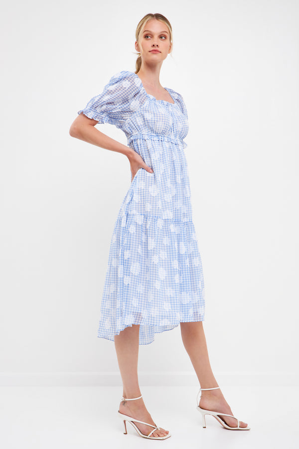 English Factory Floral Texture With Gingham Printed Midi Dress BLUE