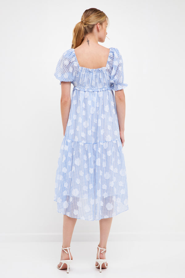 English Factory Floral Texture With Gingham Printed Midi Dress BLUE