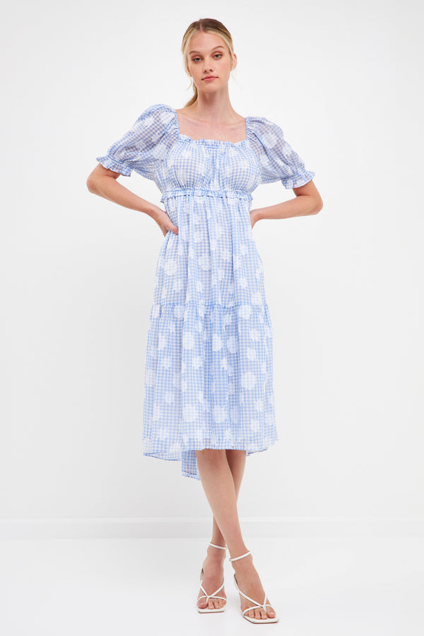 english factory Floral Texture with Gingham Printed Midi Dress BLUE
