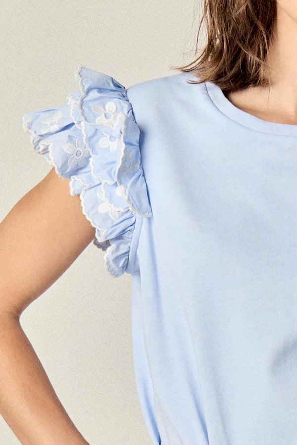 English Factory Flower Embroidered Ruffle Top POWDER BLUE