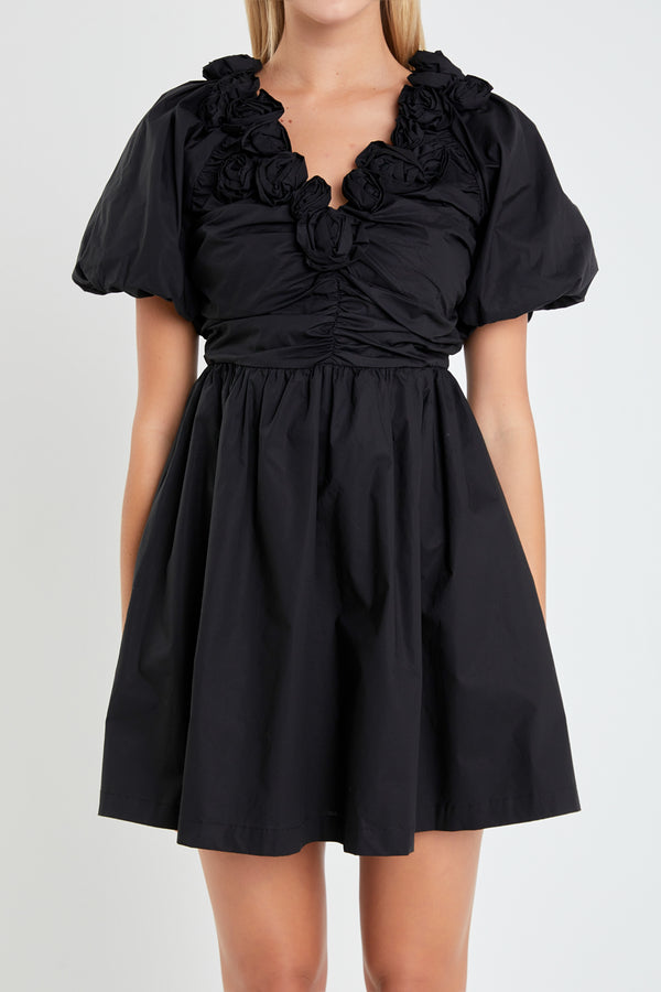 English Factory Flower Neckline Puff Sleeve Mini Dress BLACK