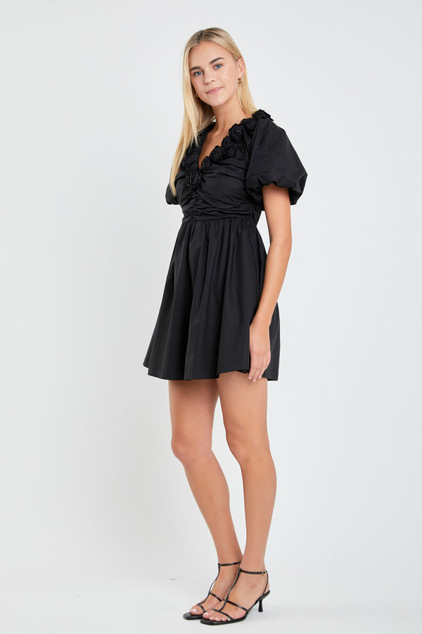 English Factory Flower Neckline Puff Sleeve Mini Dress BLACK