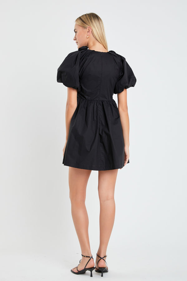English Factory Flower Neckline Puff Sleeve Mini Dress BLACK