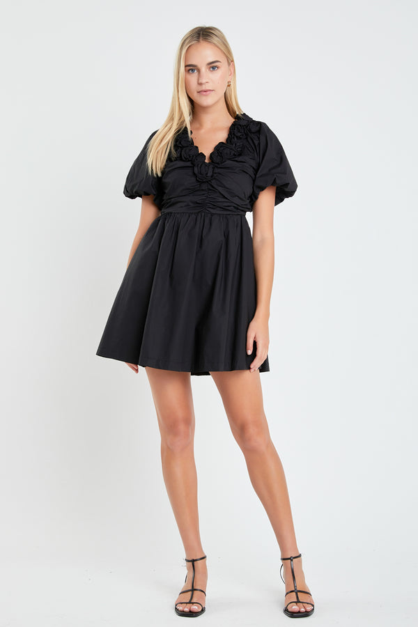 english factory Flower Neckline Puff Sleeve Mini Dress BLACK