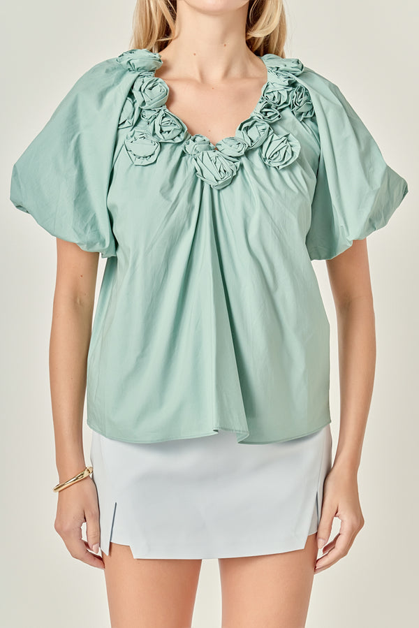 English Factory Flower Neckline Puff Sleeve Top SAGE