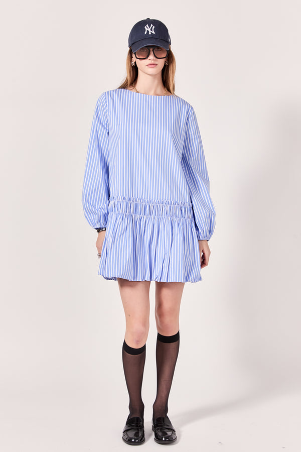 english factory Francine Striped Balloon Mini Dress POWDER BLUE