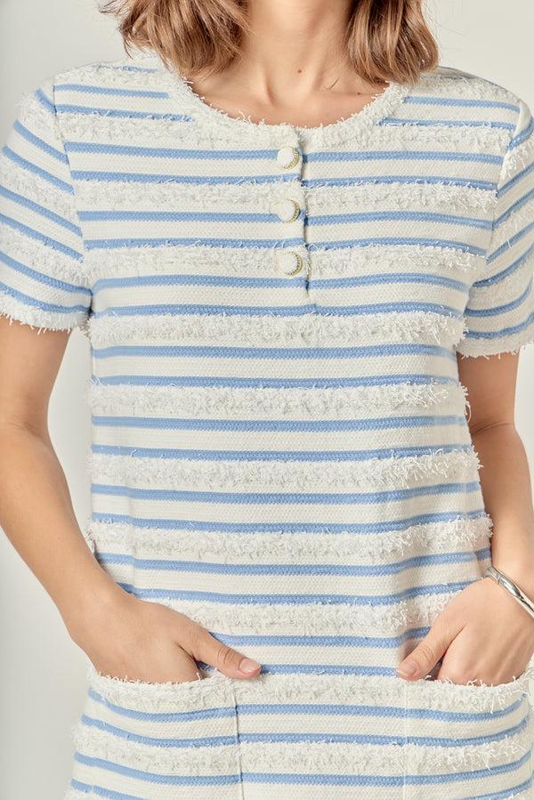 English Factory Fringed Striped Polo Mini Dress WHITE/BLUE