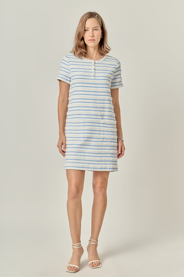 english factory Fringed Striped Polo Mini Dress WHITE/BLUE