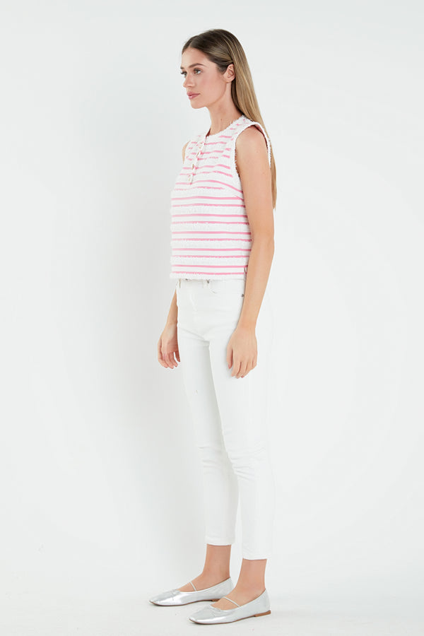 English Factory Fringed Striped Sleevless Top WHITE/PINK