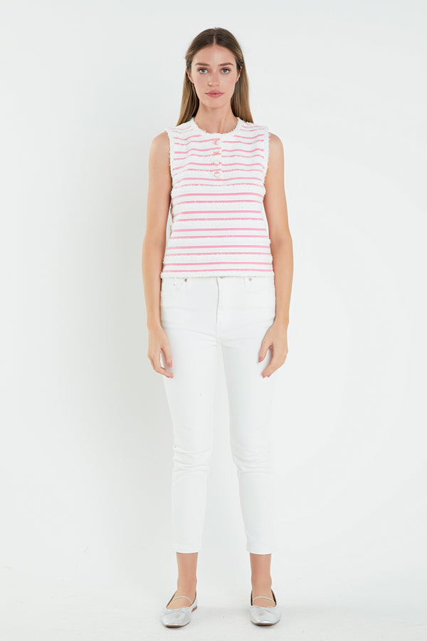 english factory Fringed Striped Sleevless Top WHITE/PINK
