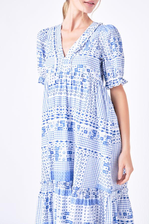 English Factory Geometric Print Tiered Midi Dress BLUE