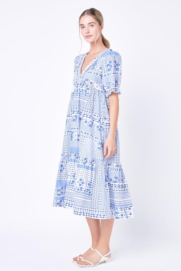 English Factory Geometric Print Tiered Midi Dress BLUE