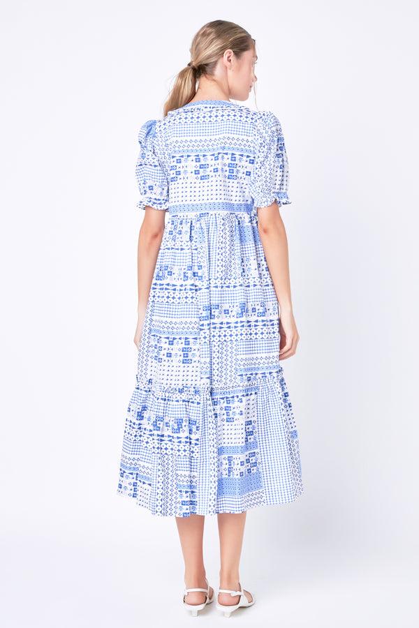 English Factory Geometric Print Tiered Midi Dress BLUE