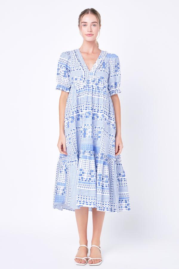 english factory Geometric Print Tiered Midi Dress BLUE