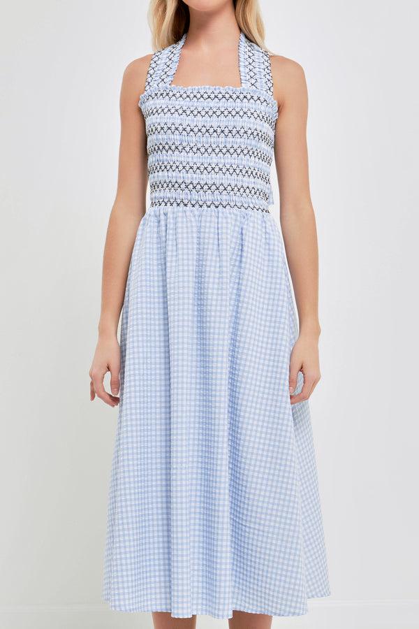 English Factory Gingham Check Sleeveless Midi Dress POWDER BLUE