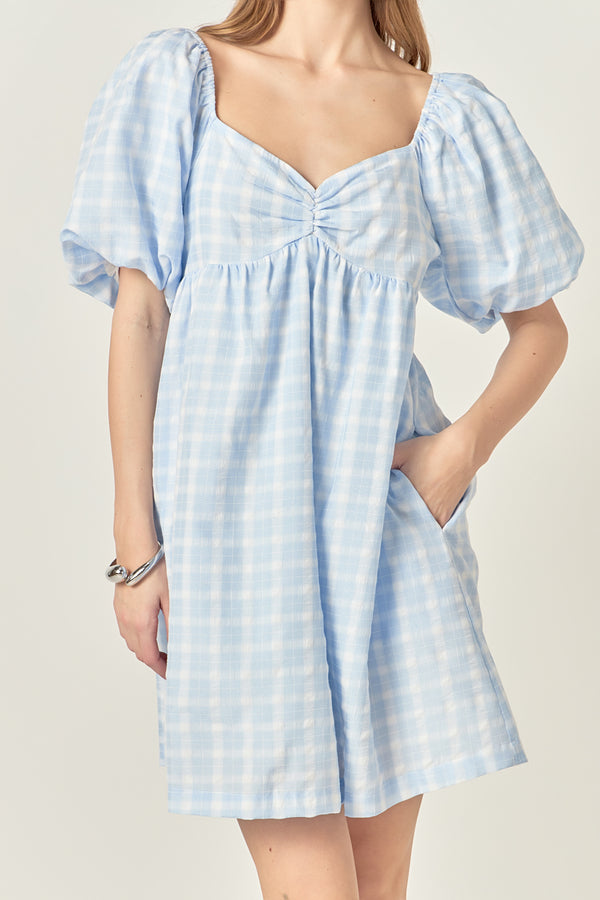 English Factory Gingham Linen Sweetheart Baby Doll Dress POWDER BLUE