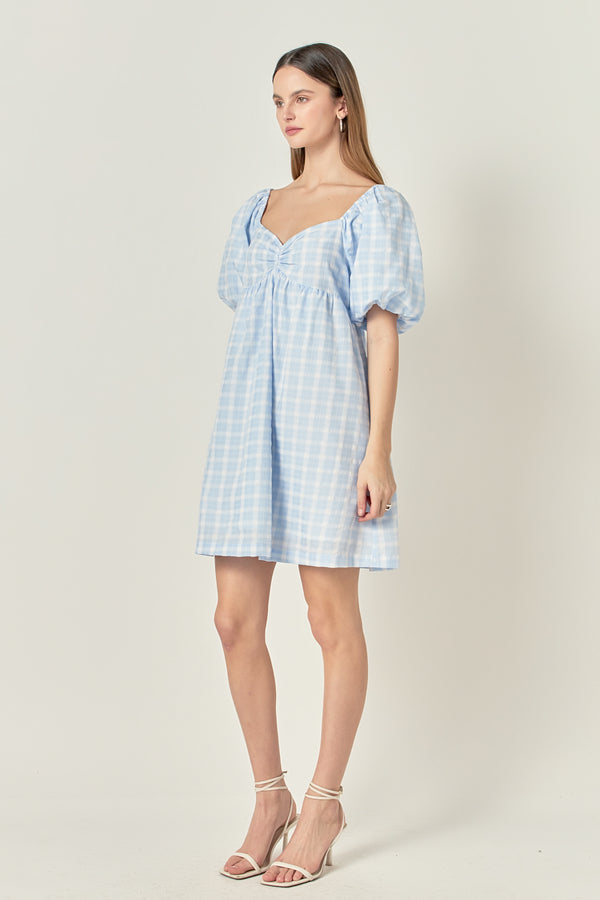 English Factory Gingham Linen Sweetheart Baby Doll Dress POWDER BLUE
