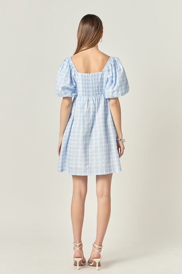 English Factory Gingham Linen Sweetheart Baby Doll Dress POWDER BLUE