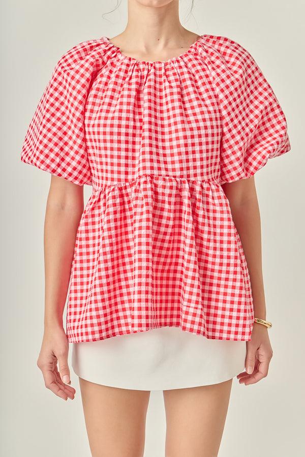 English Factory Gingham Neck Shirred Flowy Top PINK/RED