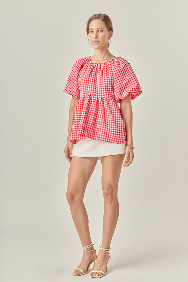 English Factory Gingham Neck Shirred Flowy Top PINK/RED