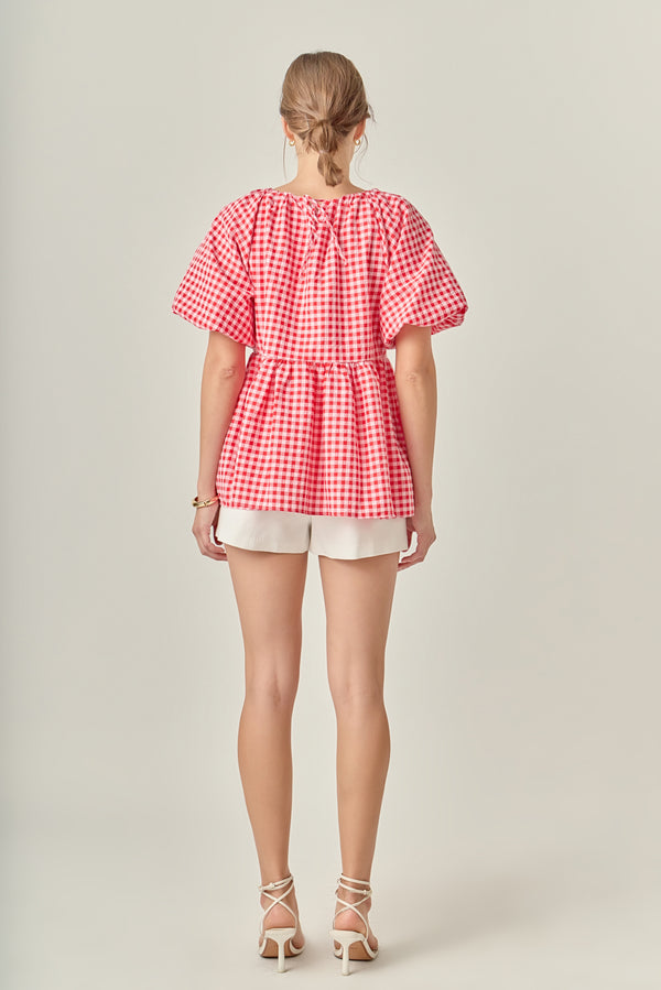 English Factory Gingham Neck Shirred Flowy Top PINK/RED