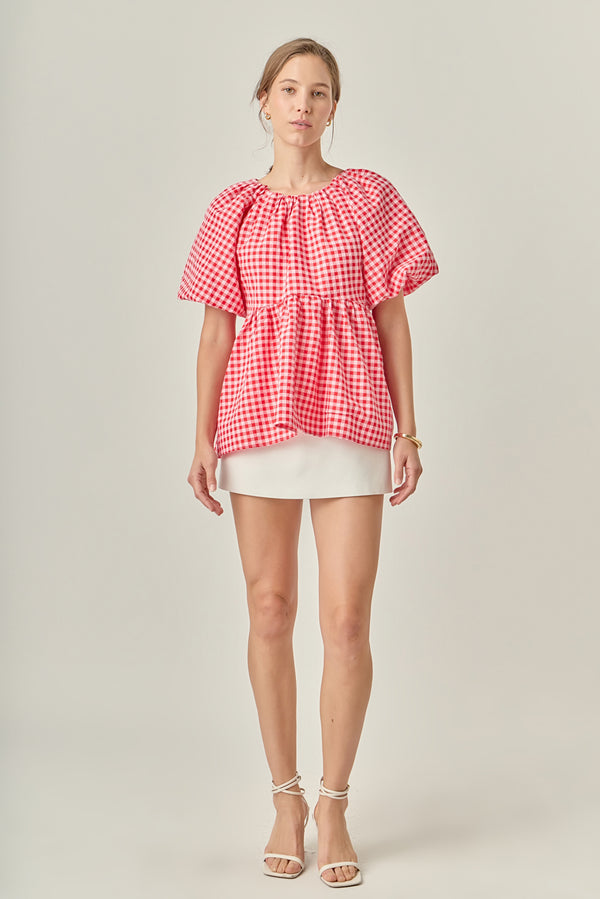 english factory Gingham Neck Shirred Flowy Top PINK/RED