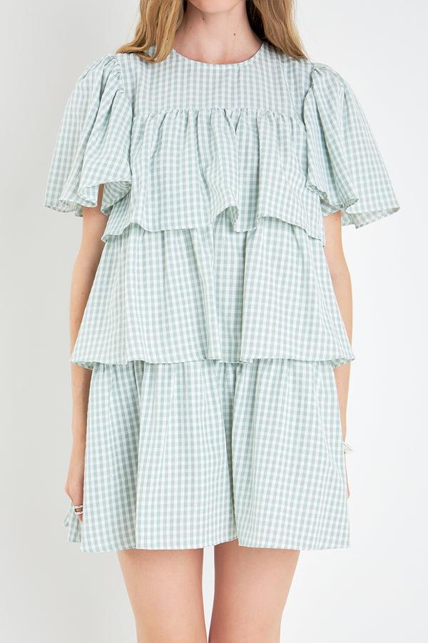 English Factory Gingham Print Tiered Dress GREEN/WHITE