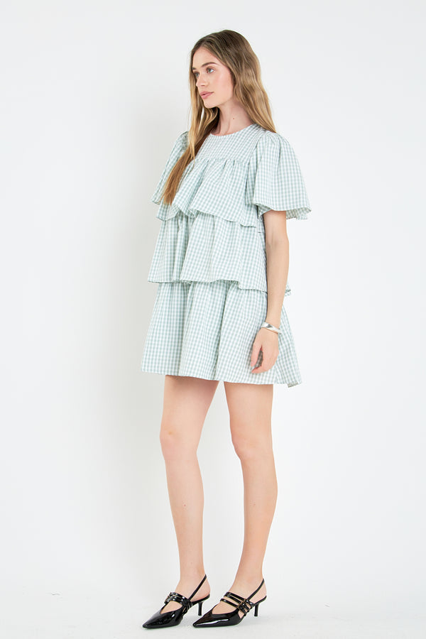 English Factory Gingham Print Tiered Dress GREEN/WHITE