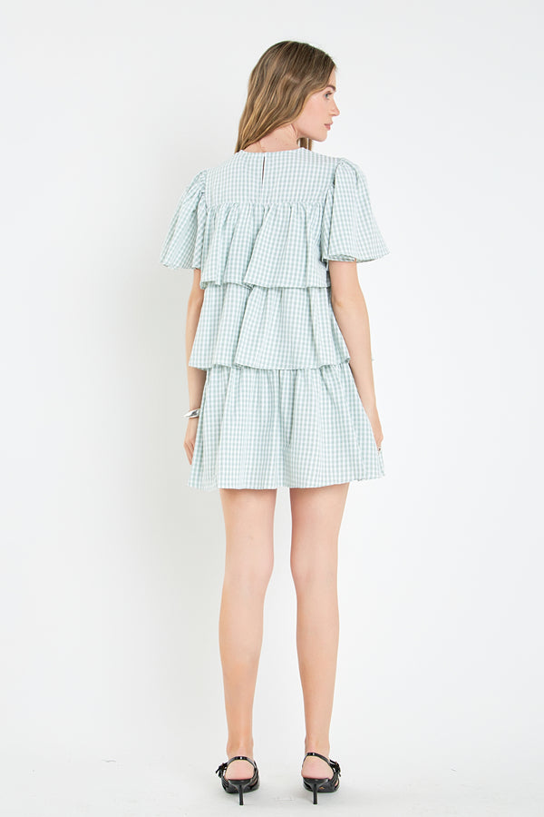 English Factory Gingham Print Tiered Dress GREEN/WHITE