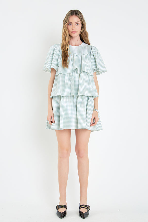 english factory Gingham Print Tiered Dress GREEN/WHITE