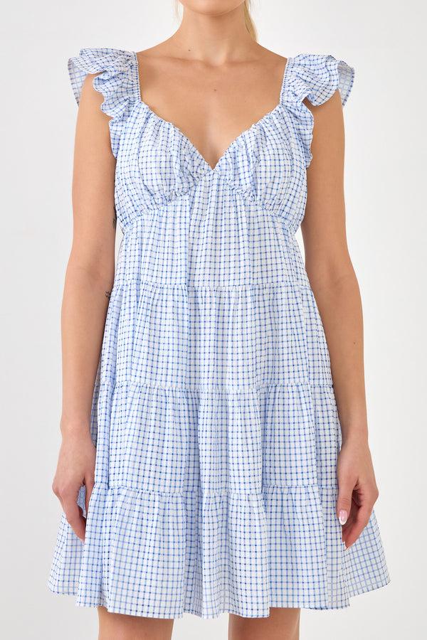 English Factory Gingham Printed Tiered Mini Dress BLUE