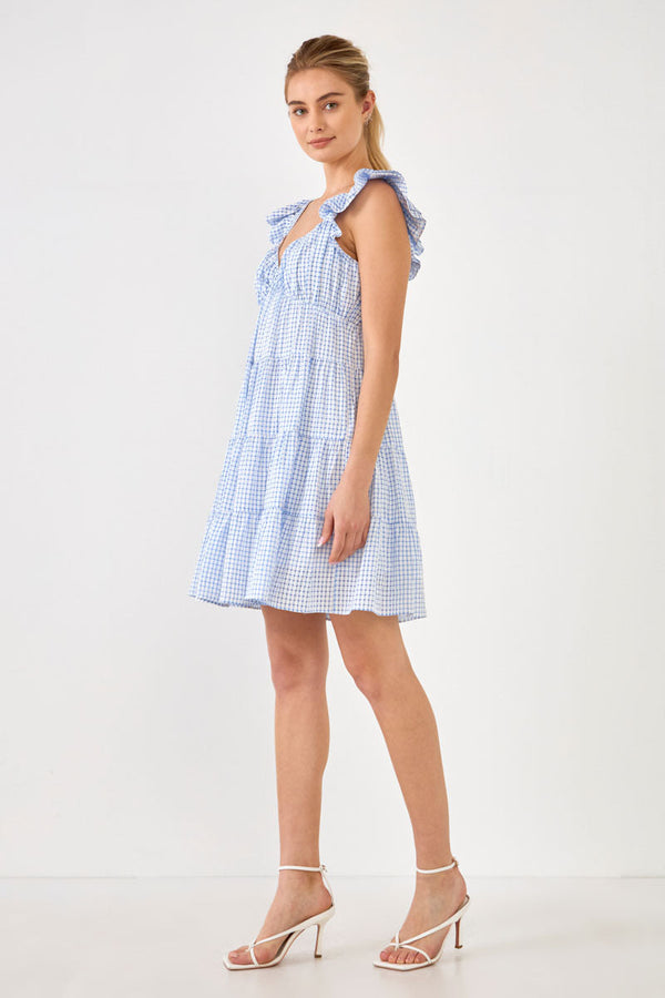 English Factory Gingham Printed Tiered Mini Dress BLUE