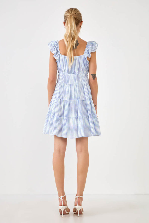 English Factory Gingham Printed Tiered Mini Dress BLUE