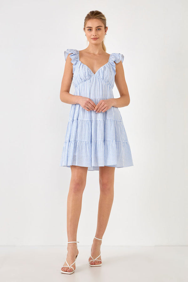 english factory Gingham Printed Tiered Mini Dress BLUE