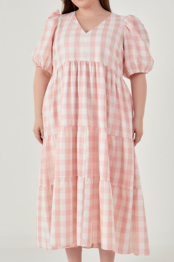 English Factory Gingham Puff Sleeve Tiered Maxi Dress PINK