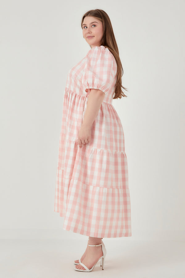 English Factory Gingham Puff Sleeve Tiered Maxi Dress PINK