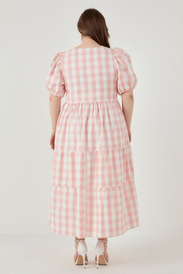 English Factory Gingham Puff Sleeve Tiered Maxi Dress PINK