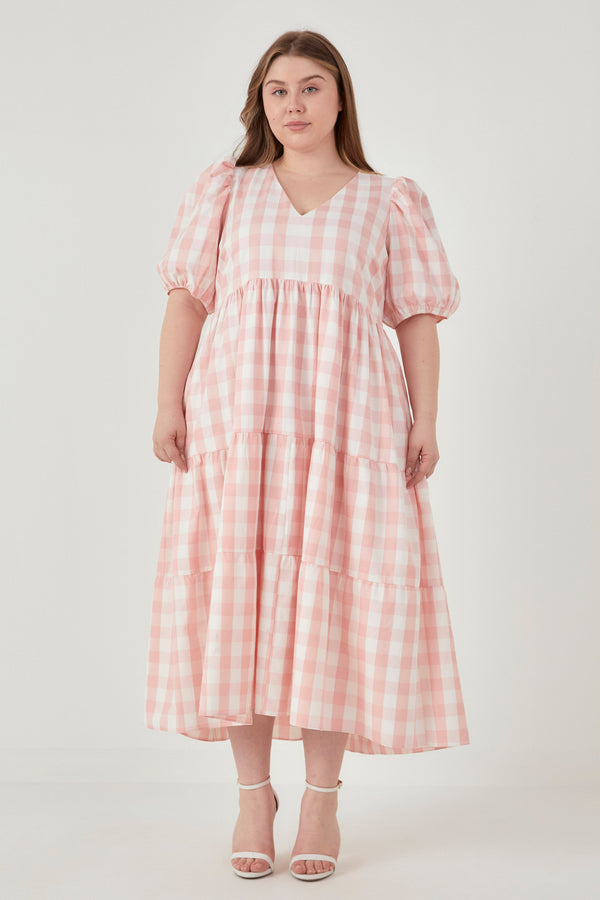 english factory Gingham Puff Sleeve Tiered Maxi Dress PINK
