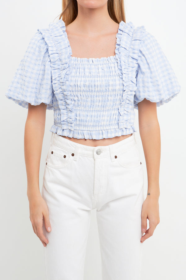 English Factory Gingham Smocked Puff Sleeve Top POWDER BLUE