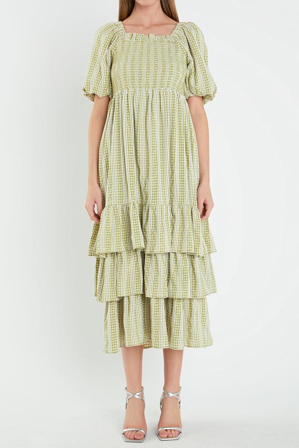 English Factory Gingham Striped Multi Tiered Maxi Dress AVOCADO