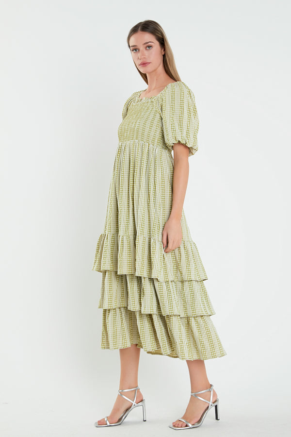English Factory Gingham Striped Multi Tiered Maxi Dress AVOCADO