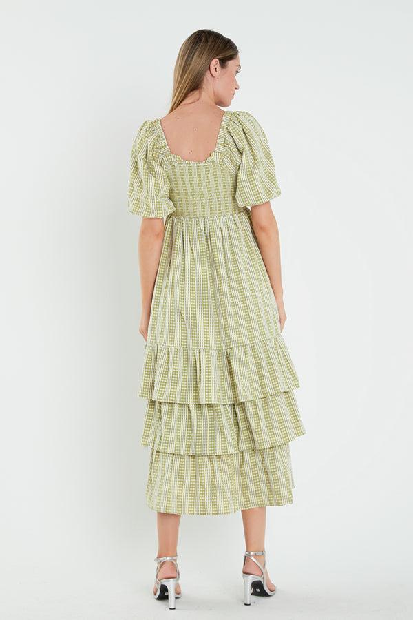 English Factory Gingham Striped Multi Tiered Maxi Dress AVOCADO