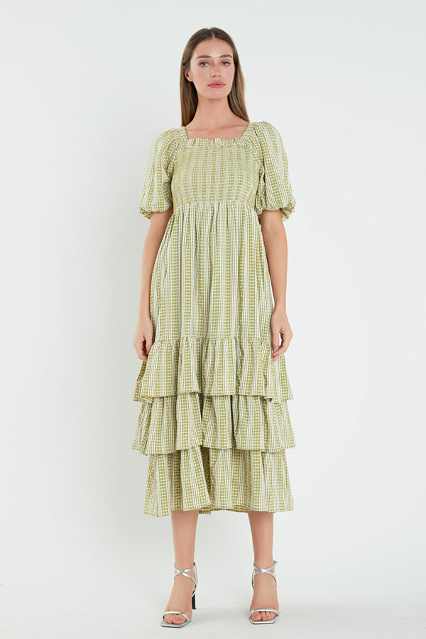 english factory Gingham Striped Multi Tiered Maxi Dress AVOCADO