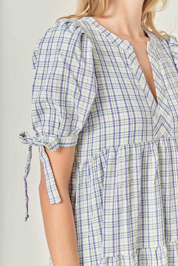 English Factory Gingham Tiered Dress With Bow-Tie Sleeves CREAM MULTI