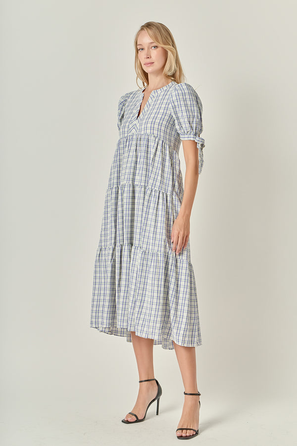 English Factory Gingham Tiered Dress With Bow-Tie Sleeves CREAM MULTI