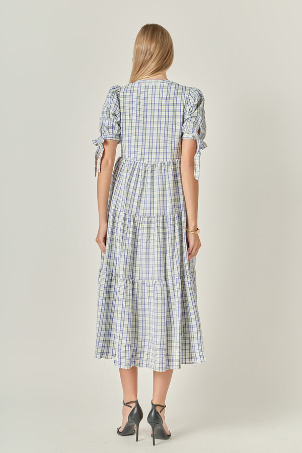 English Factory Gingham Tiered Dress With Bow-Tie Sleeves CREAM MULTI