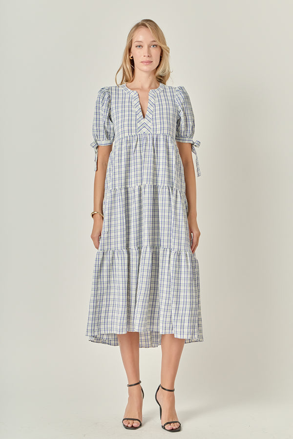 english factory Gingham Tiered Dress with Bow-Tie Sleeves CREAM MULTI